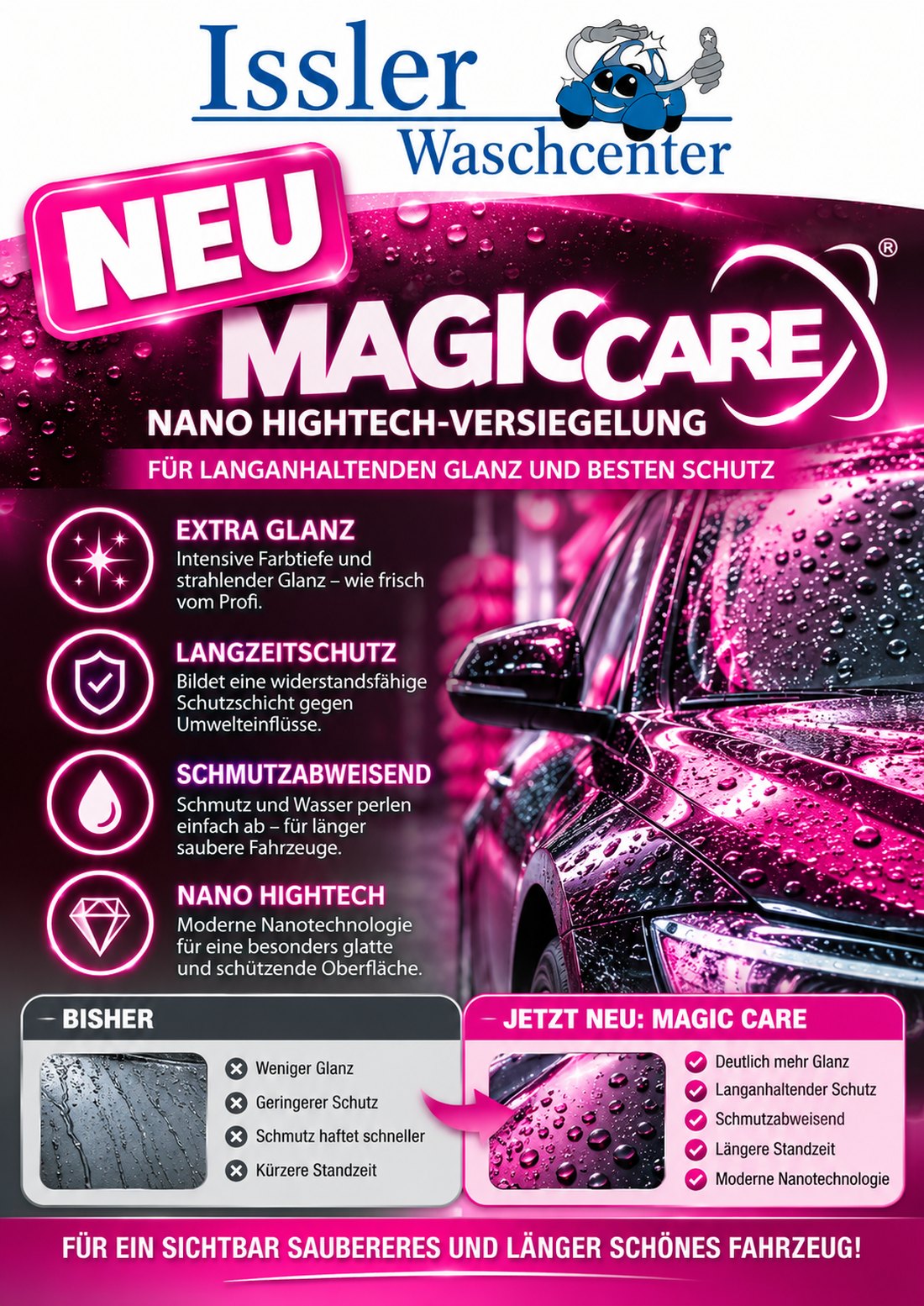 Magic Care Flyer: Nano-Hightech-Versiegelung mit Extra Glanz, Langzeitschutz, schmutzabweisender Wirkung und Vorher-Nachher-Vergleich